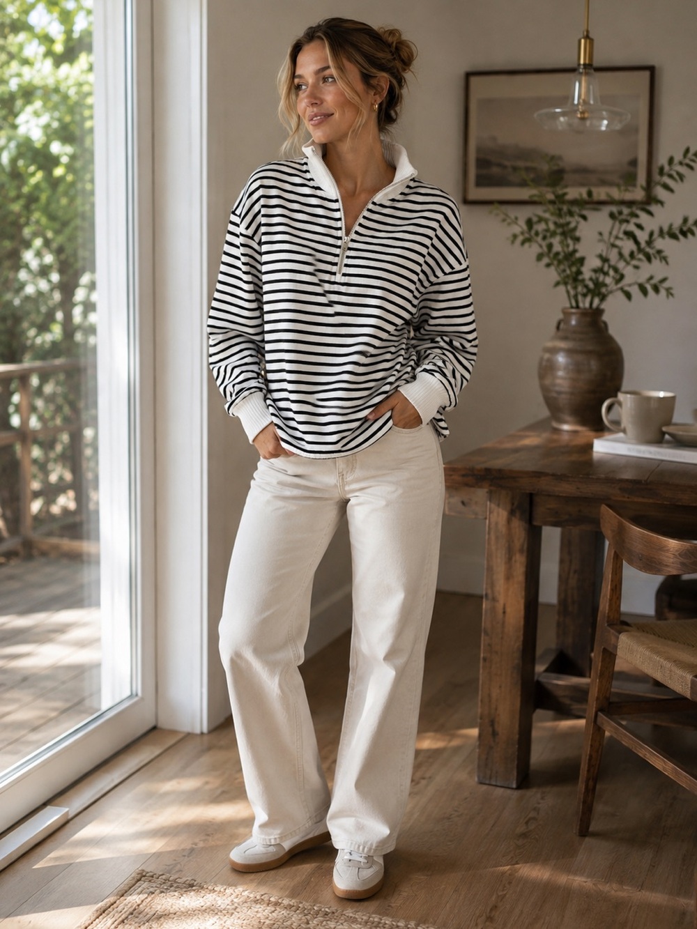 C&C California Black and White Striped half-zip Sweatshirt